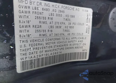 2009 Porsche Cayenne from USA, damaged, VIN WP1AA29P19LA09314